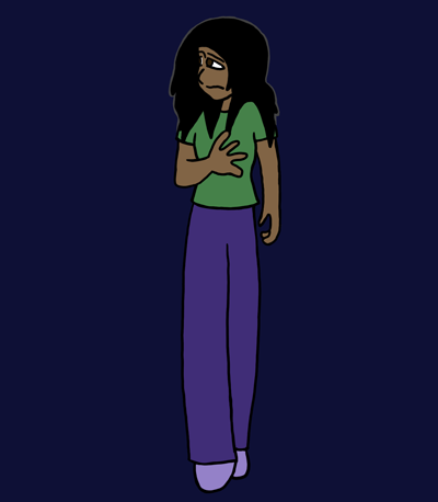 A girl in her late teens looks apprehensively behind her. She has long, straight black hair, a prominent nose, brown eyes, and brown skin. She's wearing a green T-shirt and blue jeans.