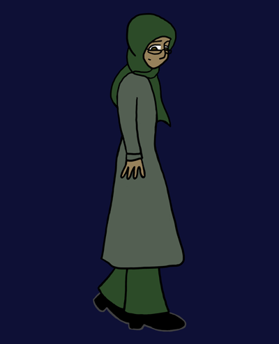 A young woman walks along, looking sidelong at the viewer. Her hair is hidden beneath a dark green headscarf; she's also wearing a light green dress over dark green trousers. She has glasses. Her eyes are dark brown and her skin brown.