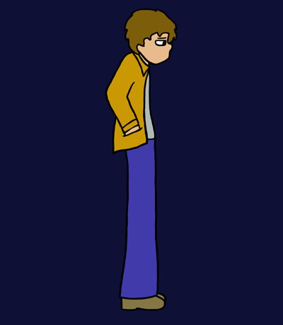 A young man with brown hair, brown eyes, and skin on the darker side of fair stands in profile with his hands in his pockets. He is slouching. He wears a baggy orange long-sleeved shirt, open at the front, over a green T-shirt and blue jeans. His eyes are narrowed as he contemplates the problematic nature of reality.