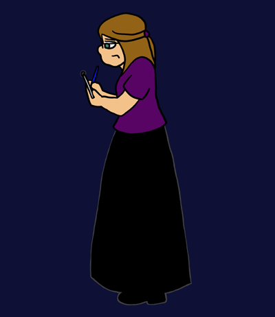 A young woman is making a note in a notebook. She has shoulder-length brown hair, green eyes, and fair skin, and she's wearing a purple T-shirt and a long black skirt.