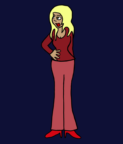 A young woman with dyed blonde hair and heavy makeup stands with a hand on her hip. She has hazel eyes and tanned skin, and she's wearing a dark red shoes, pink pants, and red high-heeled boots.