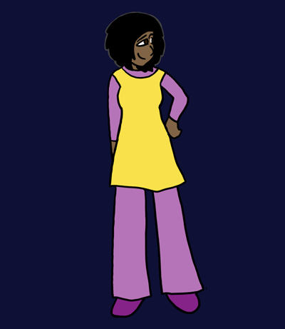 A girl in her late teens stands with one hand on her hip. She has shoulder-length black hair, brown eyes, brown skin, and a long nose, and she is smiling. She is dressed in a bright yellow tunic over a pink jumpsuit.