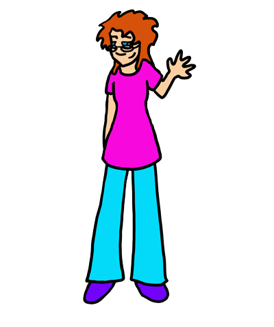 A teenage girl with short red hair, blue eyes, and pale skin smiles and waves. She is wearing a bright pink tunic, turquoise pants, and purple shoes.