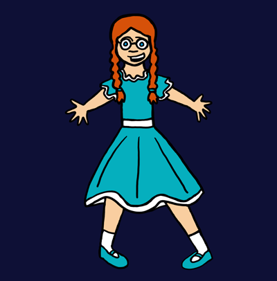 A little girl in a frilly blue-green dress stands with her arms and legs askew. She has bright red braids, blue eyes, fair skin, glasses, and a great big smile on her face.