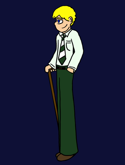 A seemingly young man in dark green slacks, a light green shirt, and a striped green and white tie stands casually, one hand in his pocket and another holding a cane. He has golden hair, blue eyes, fair skin, and the kind of smile that would alarm the world's most accomplished con artist.