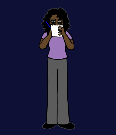 A young woman scribbles furiously in a notebook. She has dark brown skin and curly black hair that falls down over her shoulders. She has glasses and is wearing a mauve shirt and grey pants.