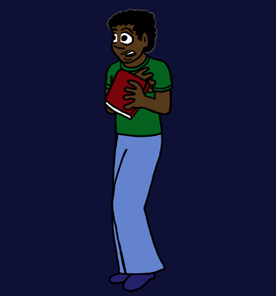 A young man is standing with one hand clutching his chest and another holding a book. He has dark brown skin, brown eyes, and short, curly black hair, and he's wearing a dark green T-shirt and blue jeans. His eyes are wide open and his eyebrows up, and his mouth is slightly open.