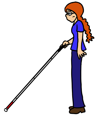 A young woman with red hair in a long braid stands in profile, a white cane held in her right hand.