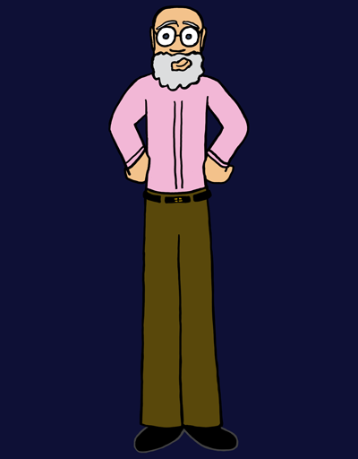 A man in his late sixties stands with his hands on his hips. He's bald but has a curly grey beard. His eyes are grey and his skin fair, and he's wearing glasses, a pink shirt, and brown trousers. He is smiling brightly.